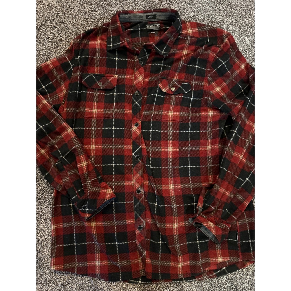 ONeill Mens XL Red Black Plaid Flannel Shirt Classic Fit Long Sleeve Button Up